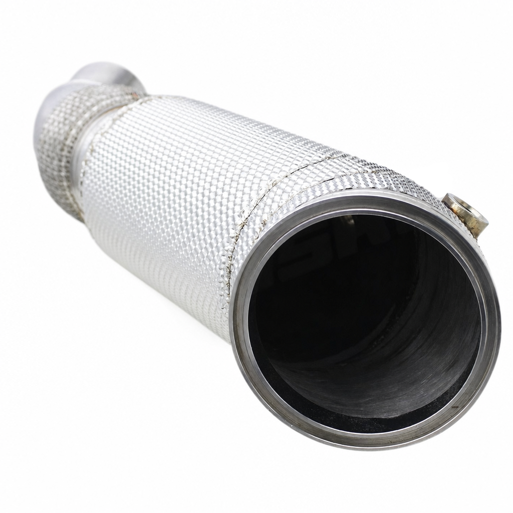 WSTN Performance BMW B58 Straight Downpipe with Heat Shield G20 G22 — front inlet view showing heat wrap coverage