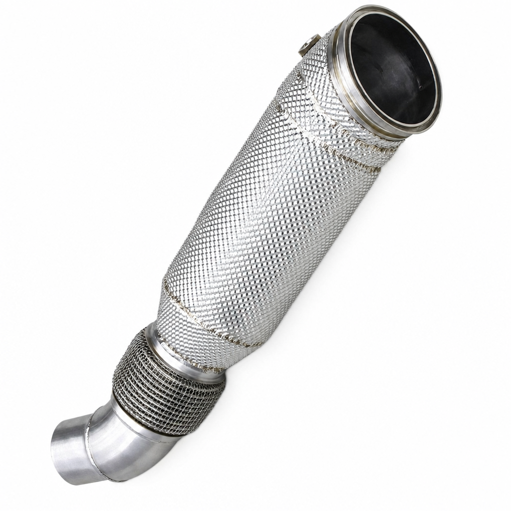 WSTN Performance BMW B58 Straight Downpipe with Heat Shield G20 G22 — side profile showing flex section and outlet